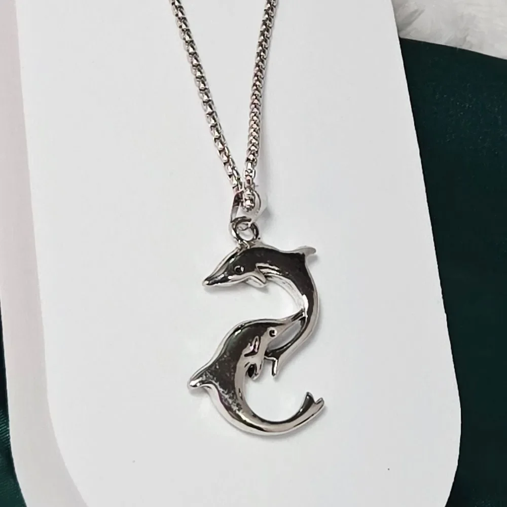Silver Double Dolphin Pendant Necklace 24” Stainless Steel Coastal Cruise Vacay